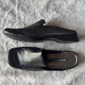 Westies Black Leather Mule Loafers Square Toe Block Heel Slip On 8.5